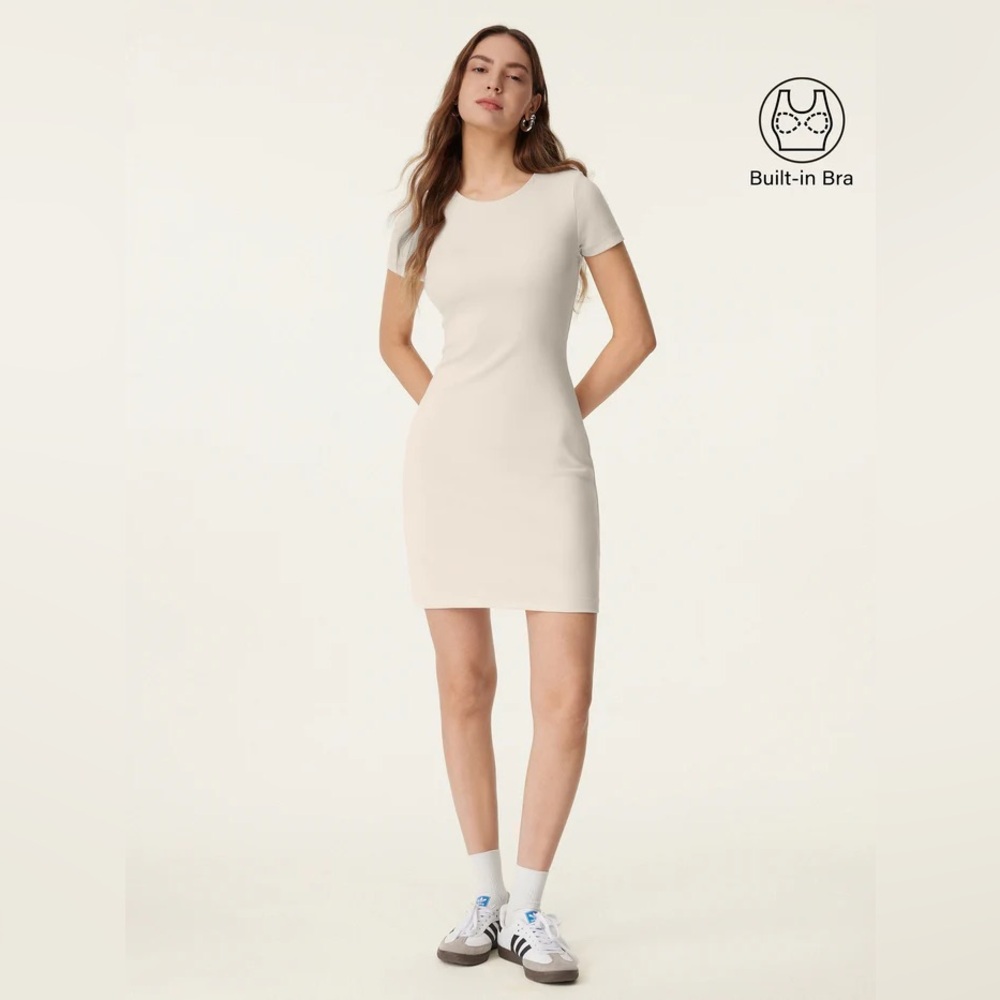 OGL Move Plantive Crewneck Cotton Short Sleeve Airy Brami Dress Gardenia Size M